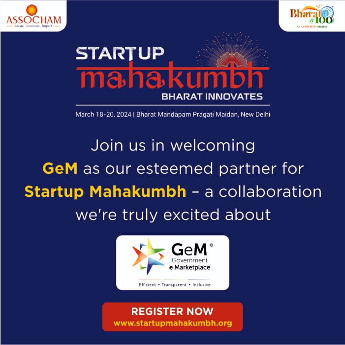 ASSOCHAM4India's tweet photo. We are honored to announce GeM as one of the esteemed partner for #StartupMahakumbh2024 – a global convergence for startups, investors, and future entrepreneurs. Join us in commemorating innovation, as Bharat takes the lead in pioneering transformative ideas! Grateful to GeM  for their invaluable support.

🗓 March 18th to 20th, 2024
📍 New Delhi

@CimGOI,@DPIITGOI,@GeM_India, @startupindia,@nasscomstartups @StartupMahakumb,@zomato @Deepaksood69 

#BharatInnovates #StartupEcosystem #EmergingStartups #FutureEntrepreneurs #StartupSuccess