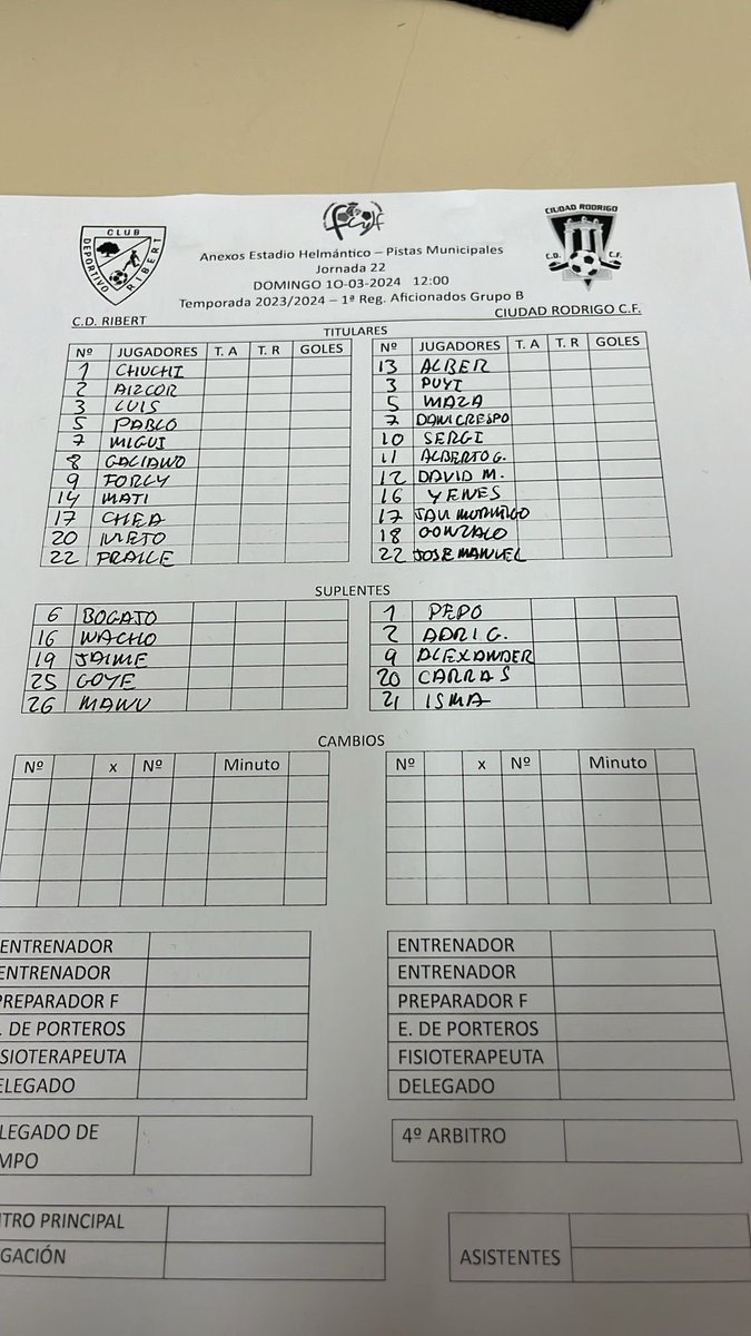 Buenos días hoy jugamos.
Regional aficionados 

⏱️ 12:00
🏟️ Las pistas
<a href="/cdribert/">CLUB DEPORTIVO RIBERT</a> 🆚 <a href="/CRCF_oficial/">Ciudad Rodrigo CF</a> 

Ya tenemos onces para el de debut de 
Juanga al frente de nuestro primer equipo y nada menos que contra el líder.
Suerte.