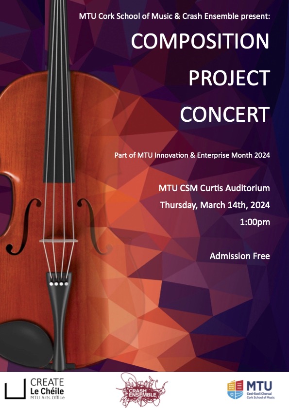 PEOPLE of CORK! 👋 This Thursday, 14th March, @mtu_csm and Crash Ensemble present a Composition Project Concert. As part of MTU Innovation & Enterprise month. Join us in the Curtis Auditorium at 1pm. Admission is free, hope to see you there