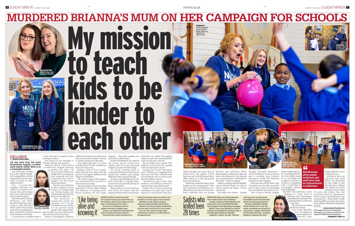 EXCL: Brave Esther Ghey went back to school this week to inspire kids to be kind. She's on a quest to get mindfulness made part of the national curriculum. Visiting Our Lady Immaculate primary in Liverpool, Esther told me: 'Mindfulness would have made Brianna much happier.'