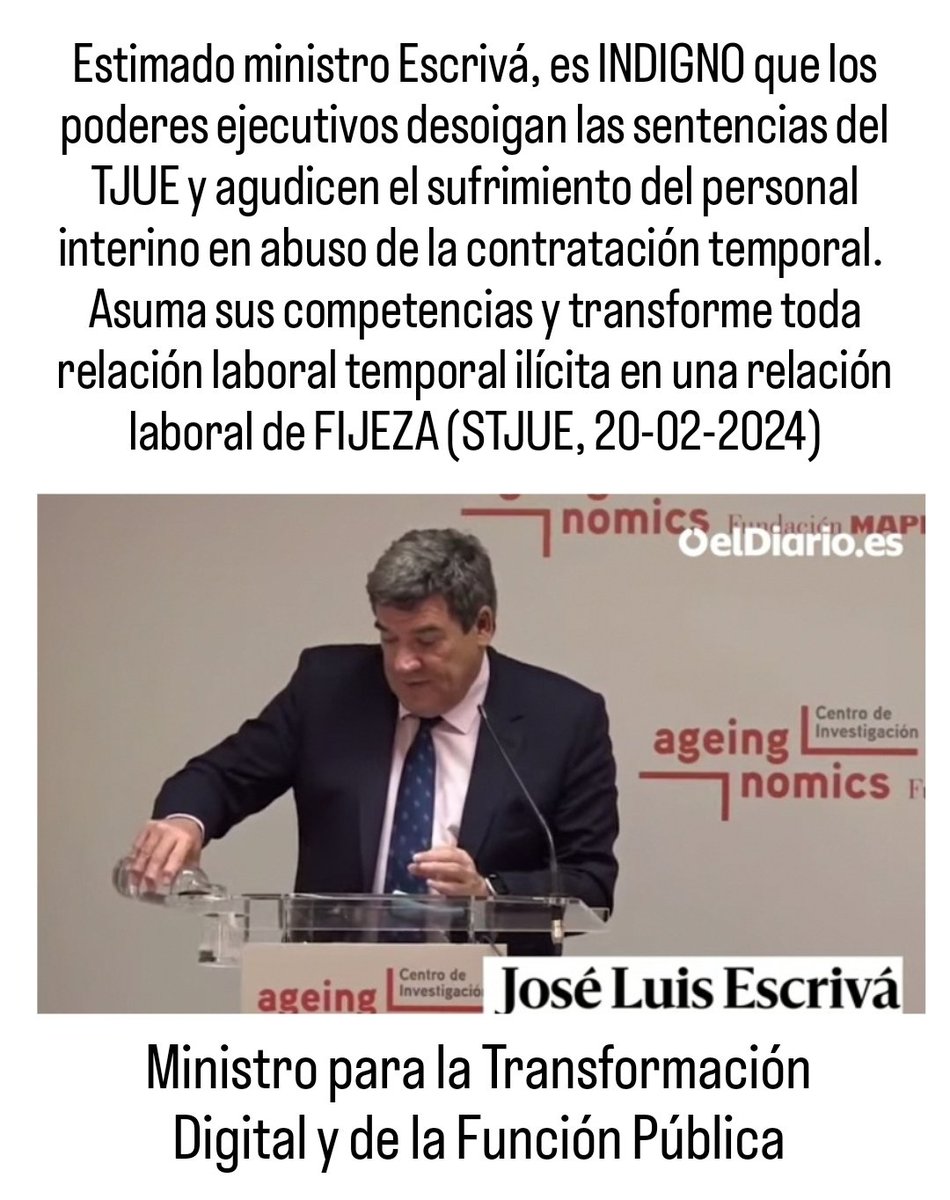 interinoktaldea's tweet image. Estimado ministro @joseluisescriva @PSOE, es INDIGNO que los poderes ejecutivos desoigan las sentencias del TJUE.  Asuma sus competencias y transforme toda relación laboral temporal ilícita en una relación laboral de FIJEZA (STJUE, 20-02-2024). #FijezaYaTJUE