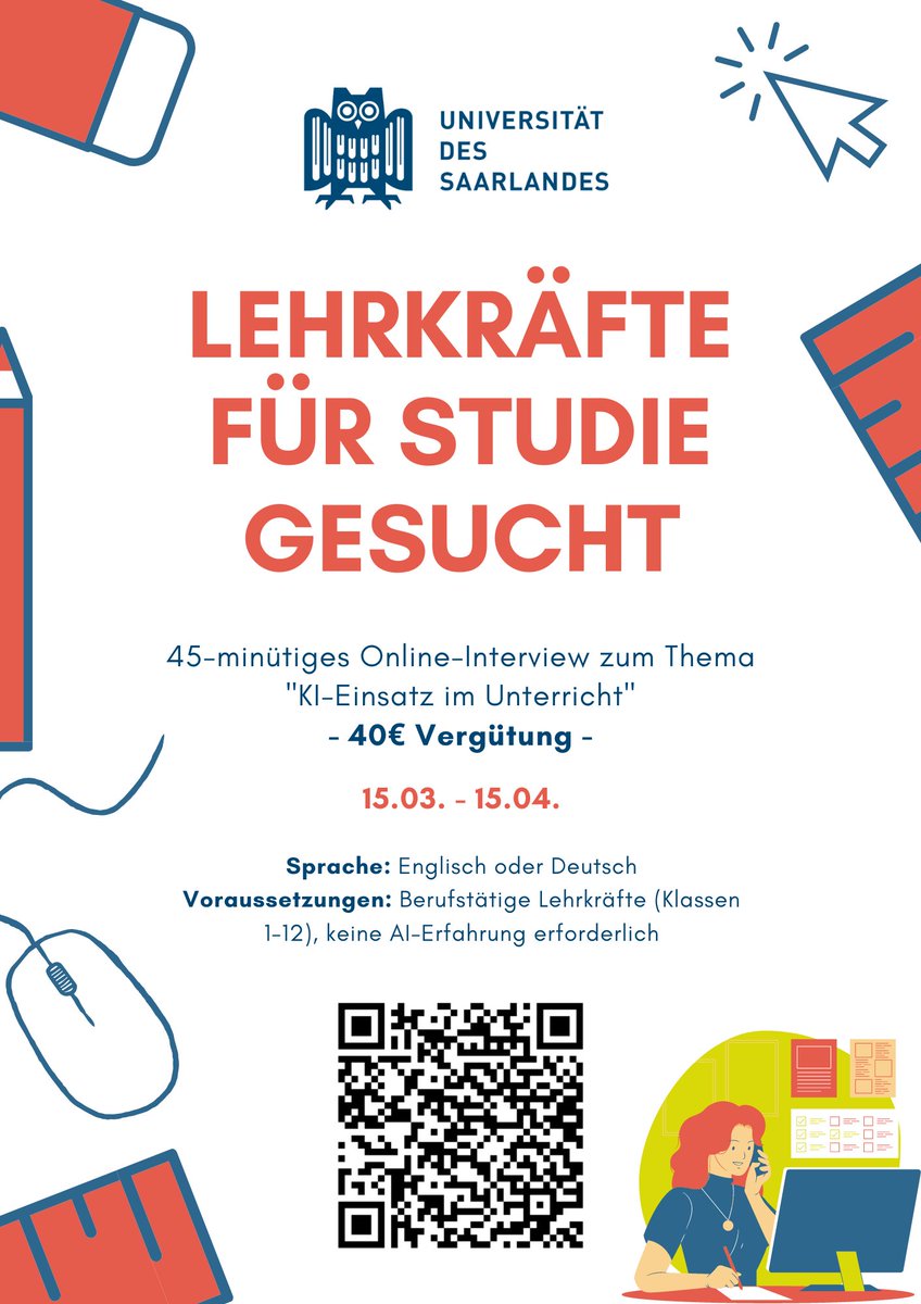 We are looking for school teachers in Germany for our paid (€40), remote interview study where we will discuss how we might best use AI in the classroom. in DE or EN. Feel free to distribute: calendly.com/ai-classroom/p… #twlz #KI