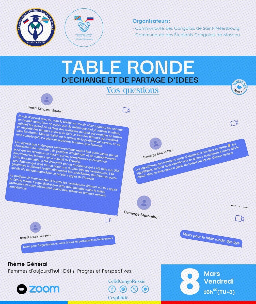 CeRdCongoRussie's tweet photo. #tableronde 

Nous avons passé de bons moments ensemble, et vos réactions nombreuses nous sont parvenues dans le chat. Nous sommes heureux de vous en partager quelques-unes.

Merci encore une fois pour votre participation. 

____
#rdc #cerdcmoscou #08mars https://t.co/8w9hQGbH9g