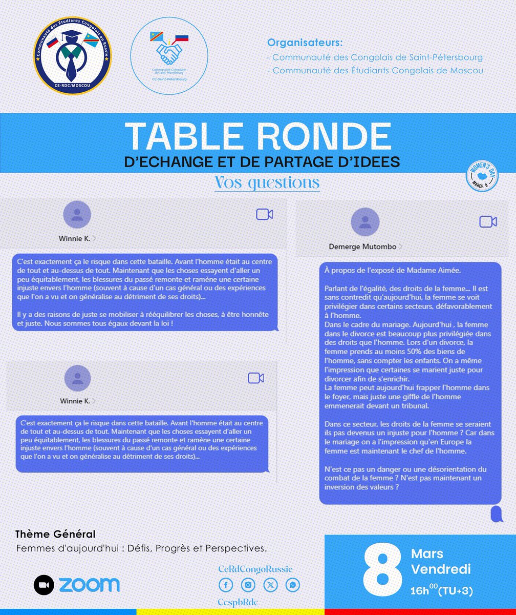 CeRdCongoRussie's tweet photo. #tableronde 

Nous avons passé de bons moments ensemble, et vos réactions nombreuses nous sont parvenues dans le chat. Nous sommes heureux de vous en partager quelques-unes.

Merci encore une fois pour votre participation. 

____
#rdc #cerdcmoscou #08mars https://t.co/8w9hQGbH9g