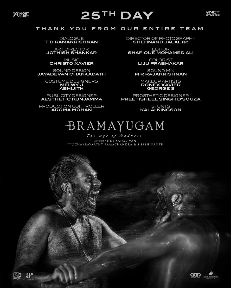 #Bramayugam 25th DAY ! Thank you from our entire team ! #Bramayugam starring @mammukka Written & Directed by @rahul_madking Produced by @chakdyn @sash041075 @Truthglobalofcl @MKampanyOffl