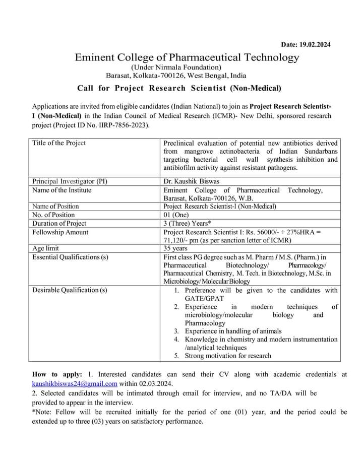 Andrea_Balf's tweet image. Call for Project Research Scientist I (Non-Medical) in the ICMR sponsored research project
#callforproject #research #vacant #phd #phdvacant