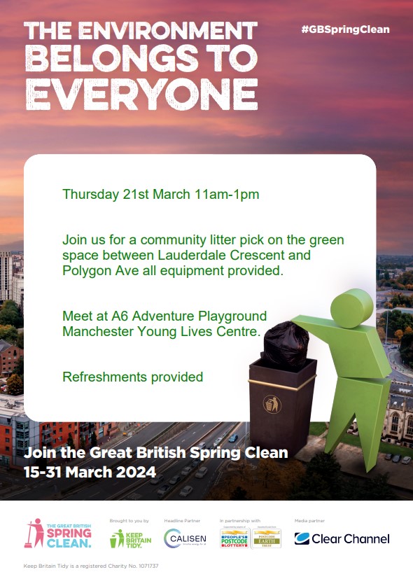 Come along and join the community Litter pick all welcome 21st March 11am meet A6 Adventure Centre Wilson St @S4Bmanchester @Arawakwalton @grove_village @Your_Housing @ArdwLongINT