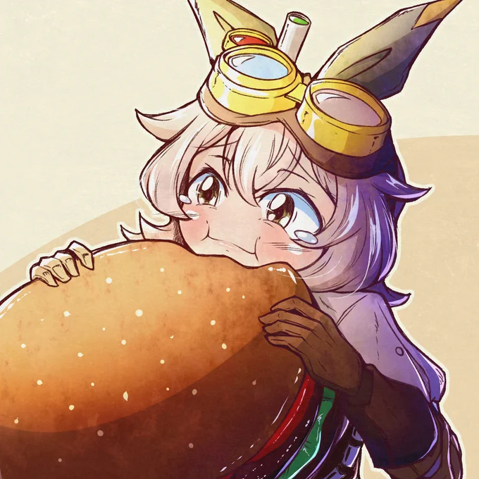 Warmin' up with bagel having a big borgarCan she finish the whole thing in one sitting? 