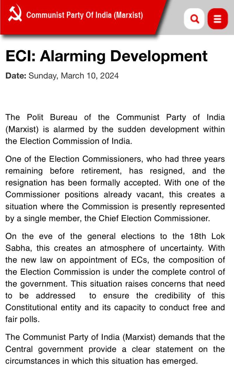 This resignation of an Election Commissioner on the eve of the general elections is ominous.
Modi govt must explain &amp; come clean on what’s happening.
Credibility of the EC in conducting the Constitutionally mandated free &amp; fair elections ensuring a level playing field cannot be