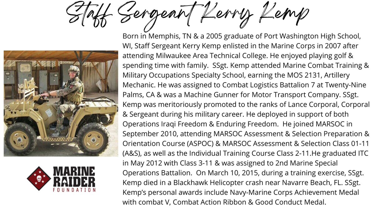 Please join the Marine Raider Foundation as we honor and remember Staff Sergeant Kerry Kemp. 'For love of country they accepted death, and thus resolved all doubts, and made immortal their patriotism and their virtue.” - President James A. Garfield marineraiderfoundation.org/staff-sergeant…