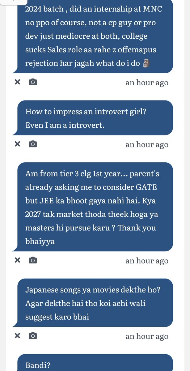 1. Rejection aane ka karan ekbar Maine tweet kra tha. Apply krte rho jda se jda Or to kch nhi kia ja skta.

2. No idea (because no experience)

3. I have no idea bro. For career related advice ask any senior.

4. Japan ka bs anime Or manga dekha h

5. Nhi h