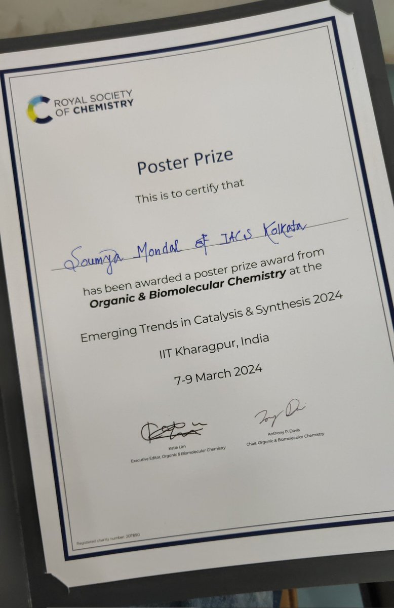 soumya_IACSchem's tweet image. Excited to announce that I got the Best Poster Award from @OrgBiomolChem at #ETCS , IIT-KGP. 😊