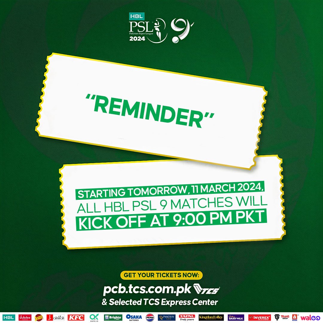thePSLt20's tweet photo. Set your alarms for the thrill ⏰

#HBLPSL9 🏏 matches start at 9pm PKT from 11 March 2024 onwards! 

#KhulKeKhel https://t.co/k9n3e5u3FJ