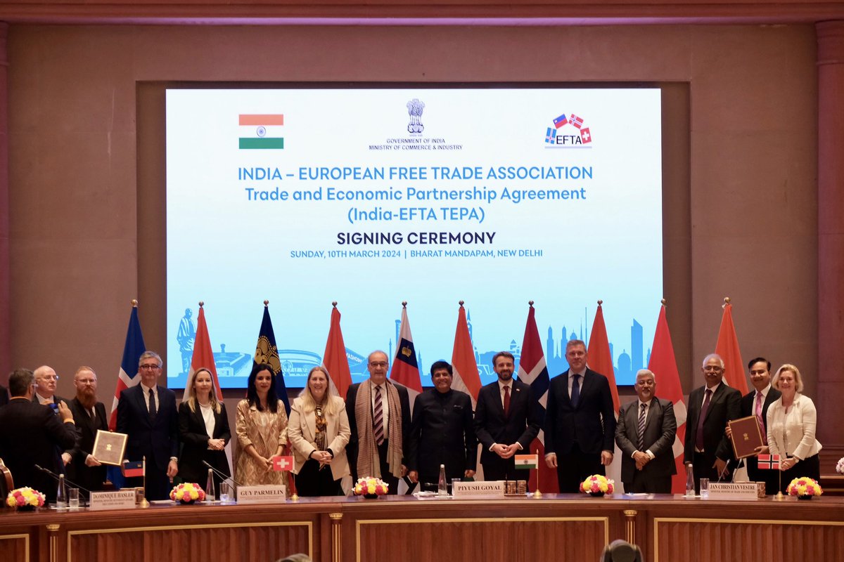 Dominique Hasler (@dominiquehasler) on Twitter photo Back in 🇮🇳 for a historical moment; Today the EFTA States 🇱🇮🇨🇭🇳🇴🇮🇸 and India 🇮🇳 signed after 16 years of negogiations a Trade and Economic Partnership Agreement! Thank you to my colleagues <a href="/ParmelinG/">Guy Parmelin</a> @BjarniBen <a href="/jcvestre/">Jan Christian Vestre</a> & <a href="/PiyushGoyal/">Piyush Goyal</a> and to everyone who made this possible! Back in 🇮🇳 for a historical moment; Today the EFTA States 🇱🇮🇨🇭🇳🇴🇮🇸 and India 🇮🇳 signed after 16 years of negogiations a Trade and Economic Partnership Agreement! Thank you to my colleagues <a href="/ParmelinG/">Guy Parmelin</a> @BjarniBen <a href="/jcvestre/">Jan Christian Vestre</a> & <a href="/PiyushGoyal/">Piyush Goyal</a> and to everyone who made this possible!