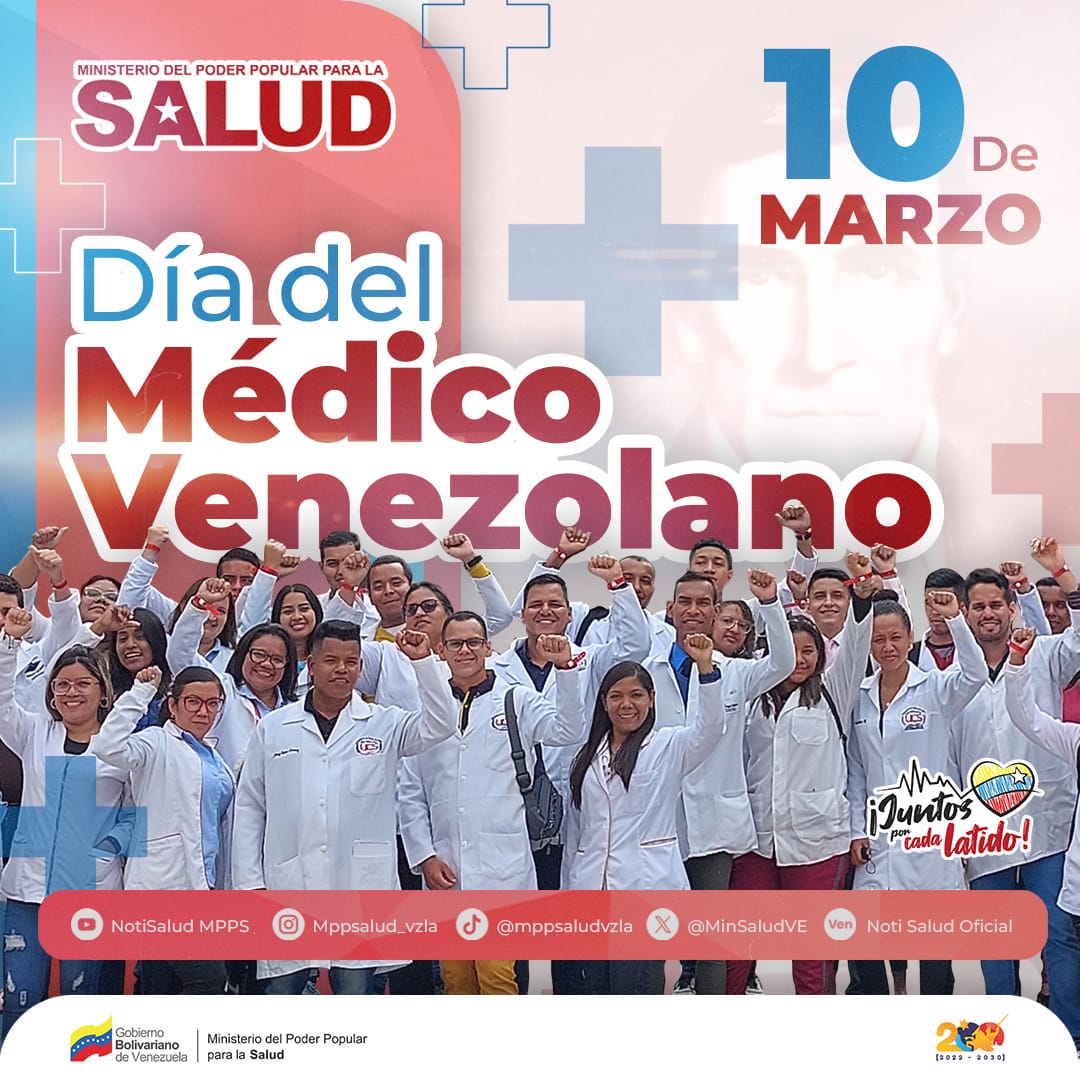 Hoy #10mar celebramos el Día del Médico Venezolano, en reconocimiento a la labor de ese ejército de batas blancas que trabajan día a día con humanismo, solidaridad, entrega y dedicación por la salud del pueblo de Venezuela.
#juntosPorCadaLatido
<a href="/NicolasMaduro/">Nicolás Maduro</a>
<a href="/MagaGutierrezV/">Magaly Gutiérrez Viña</a>