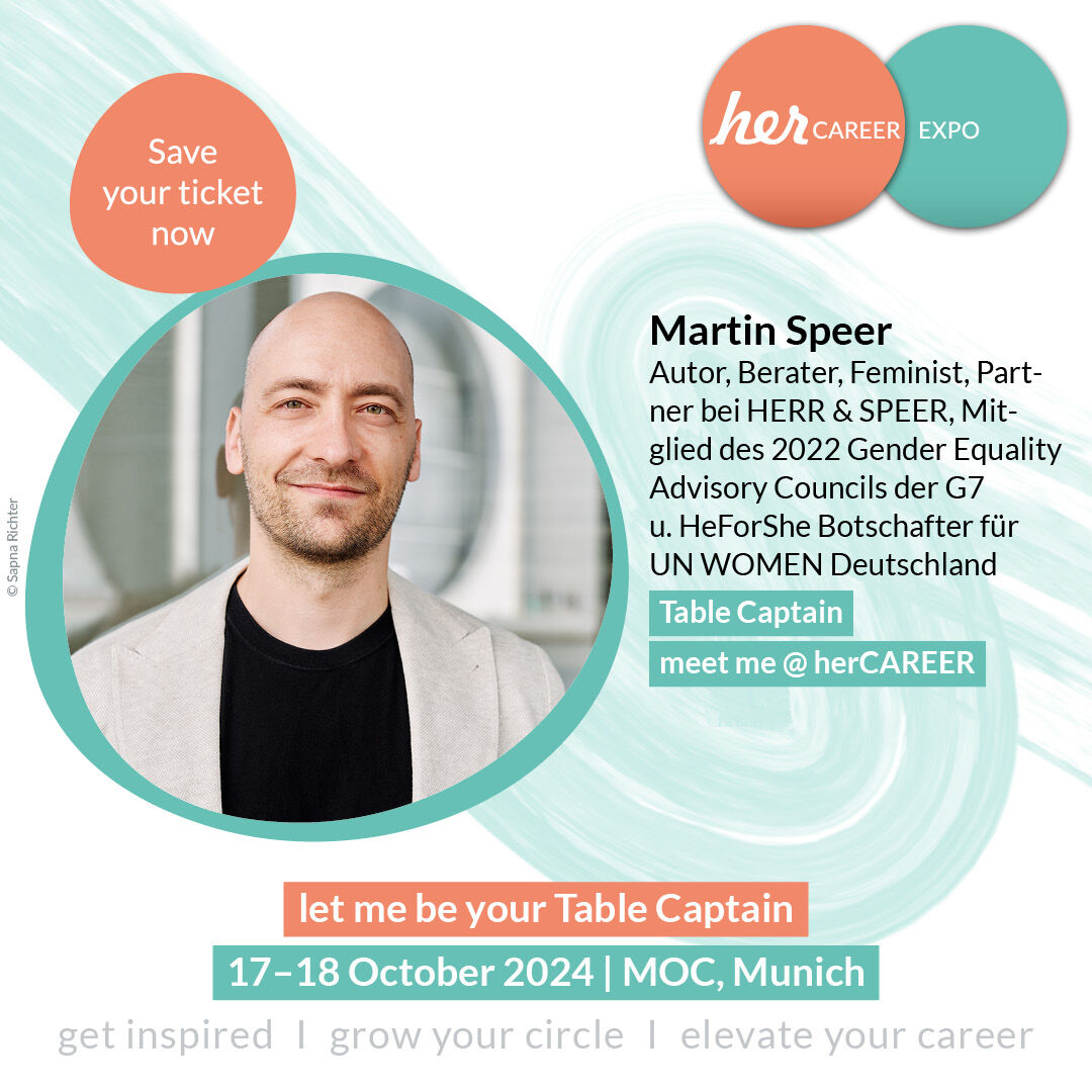 Martin Speer ist Autor, Feminist, Berater und überzeugter Europäer. 

Wir freuen uns, dass Martin als Table Captain auch Teil der herCAREER@Night sein wird!
Infos und Tickets: her-career.com/expo/programm/…

#herCAREER #GenderEquality #HeForShe #Feminist #MartinSpeer