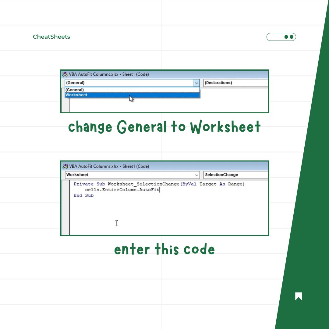 The_CheatSheets's tweet image. VBA AutoFit in Excel‼️ #excel 

🗂️ Don’t forget to save this post!