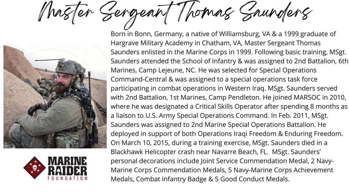 Please join the Marine Raider Foundation as we honor and remember Master Sergeant Thomas Saunders. 'For love of country they accepted death, and thus resolved all doubts, and made immortal their patriotism and their virtue.” - President James A. Garfield marineraiderfoundation.org/master-sergean…