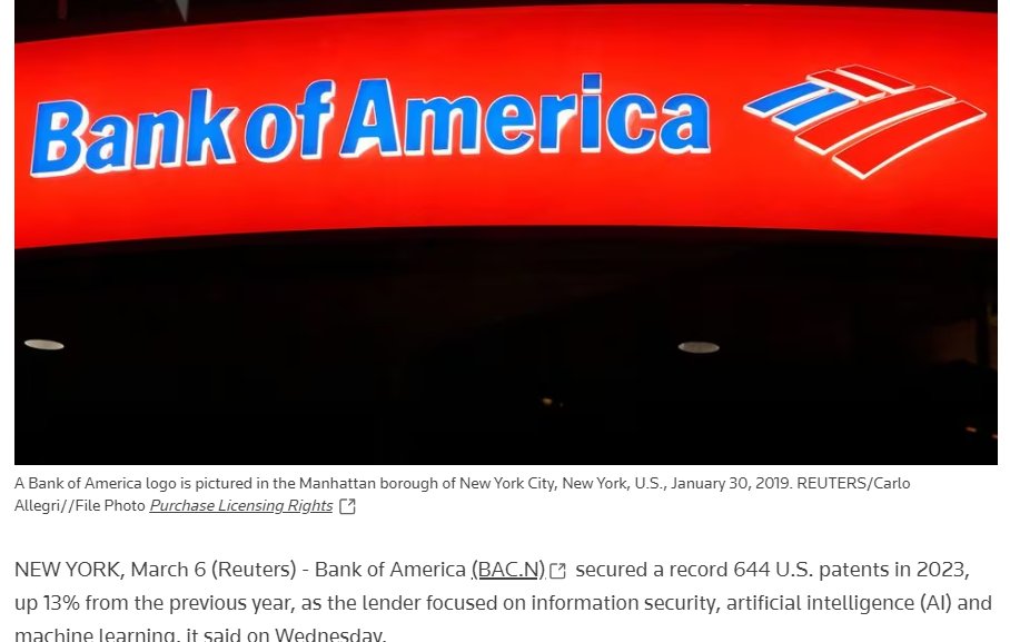 Bank of Amerika 2023 yılında 644 #yapayzeka ve bilişim teknolojilerine dayanan patent almış. Her geçen gün her alanda artık yapay zeka..... @turkiyeai @YapayZekaAI @ai_hacettepe @YapayZekaAI_ @ituaiclub