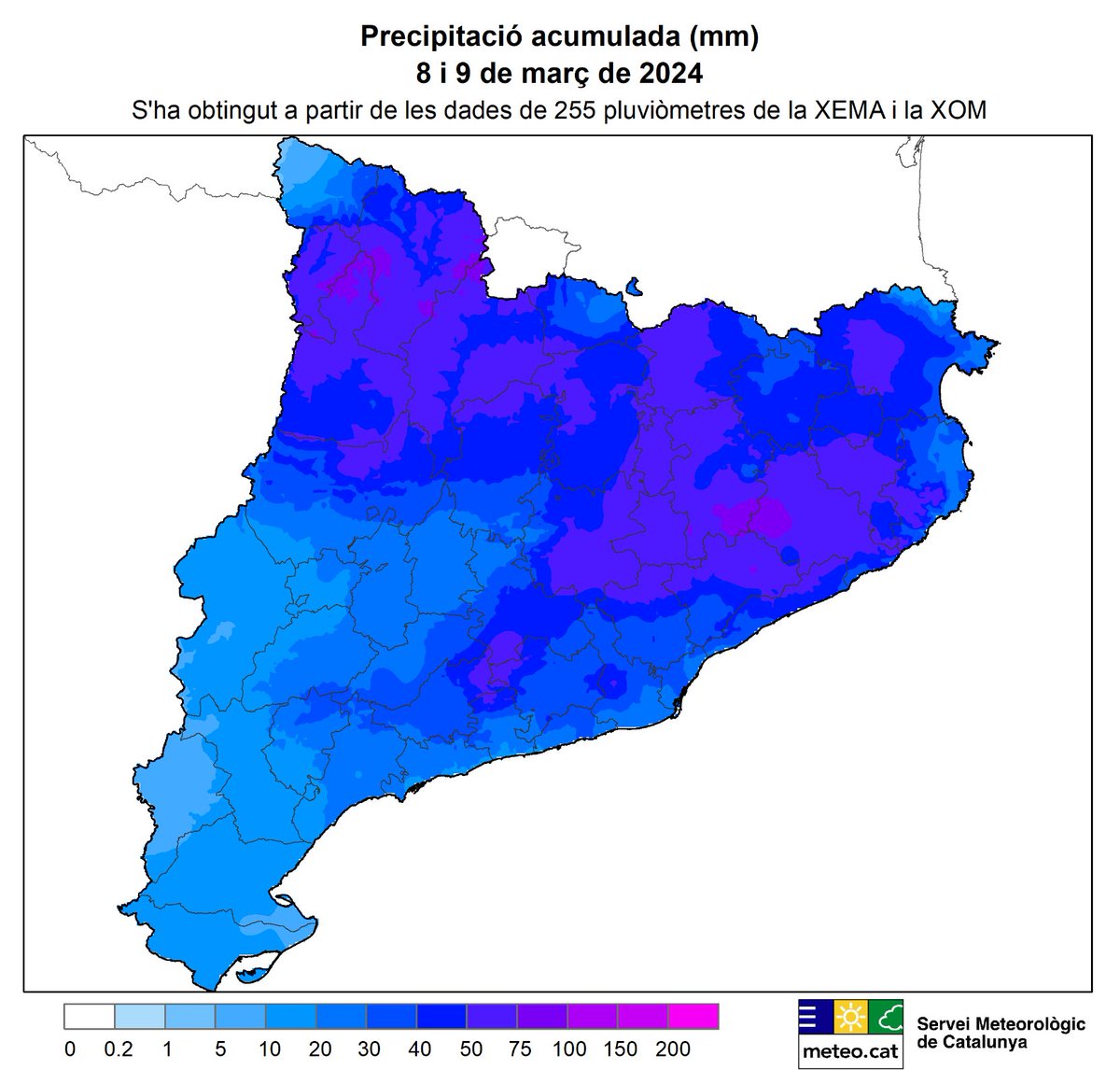 meteocat's tweet photo. La precipitació acumulada entre divendres i dissabte ha superat els 50 mm al vessant sud del Pirineu, Prepirineu, sectors de la Catalunya Central i comarques del nord-est. 

Al massís del #Montseny s'han recollit prop de 100 mm, amb 98 mm a Arbúcies (#laSelva) o Viladrau (#Osona) https://t.co/KYMv9wJERT