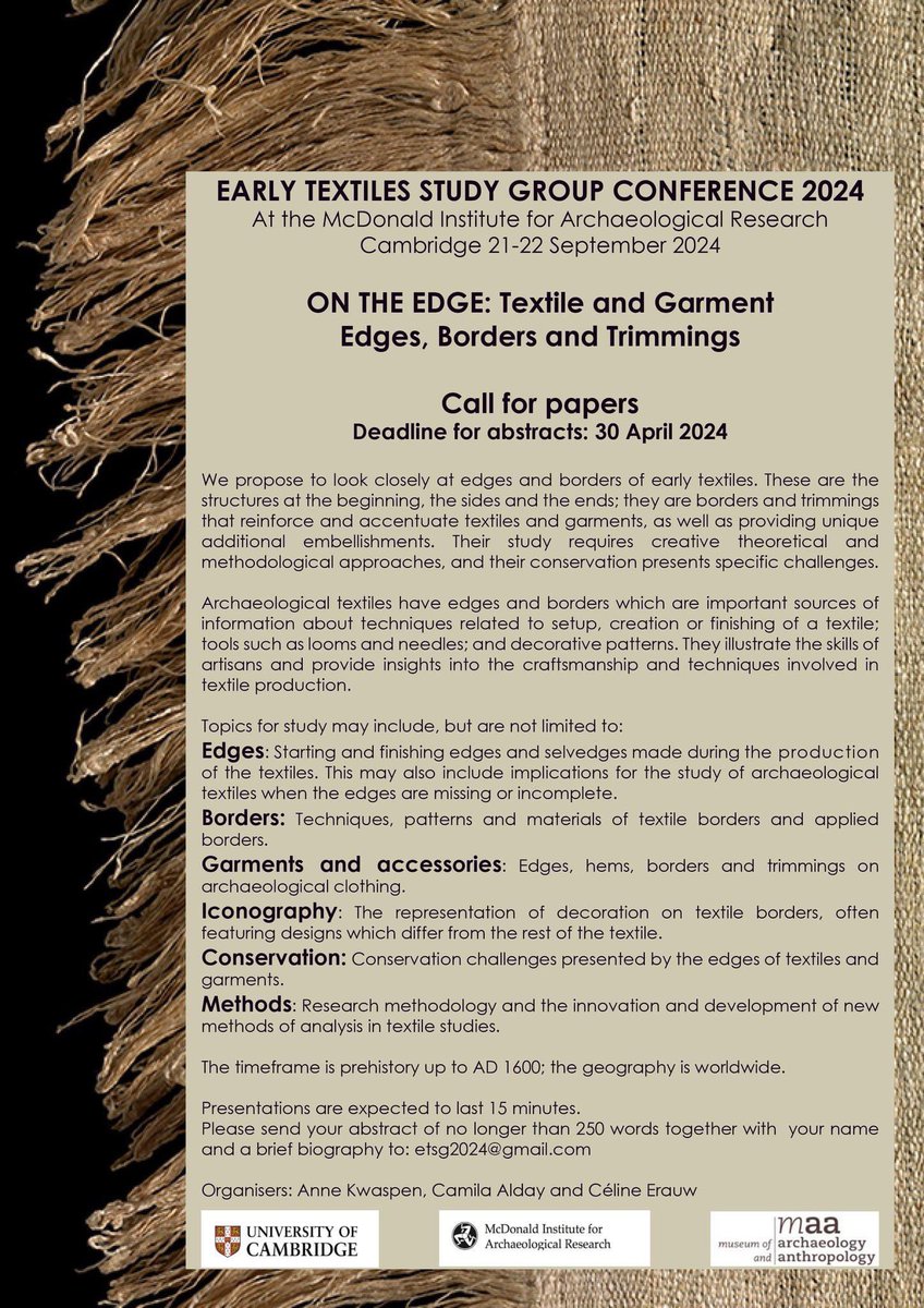 alekshallmann's tweet photo. 📢 Textile, dress historians, iconography specialists! 
Here is a call for papers for a very interesting conference about early textiles, edges, borders and trimmings
👇

#textiles #dresshistory #history #academicTwitter https://t.co/ixuOsfBdNU