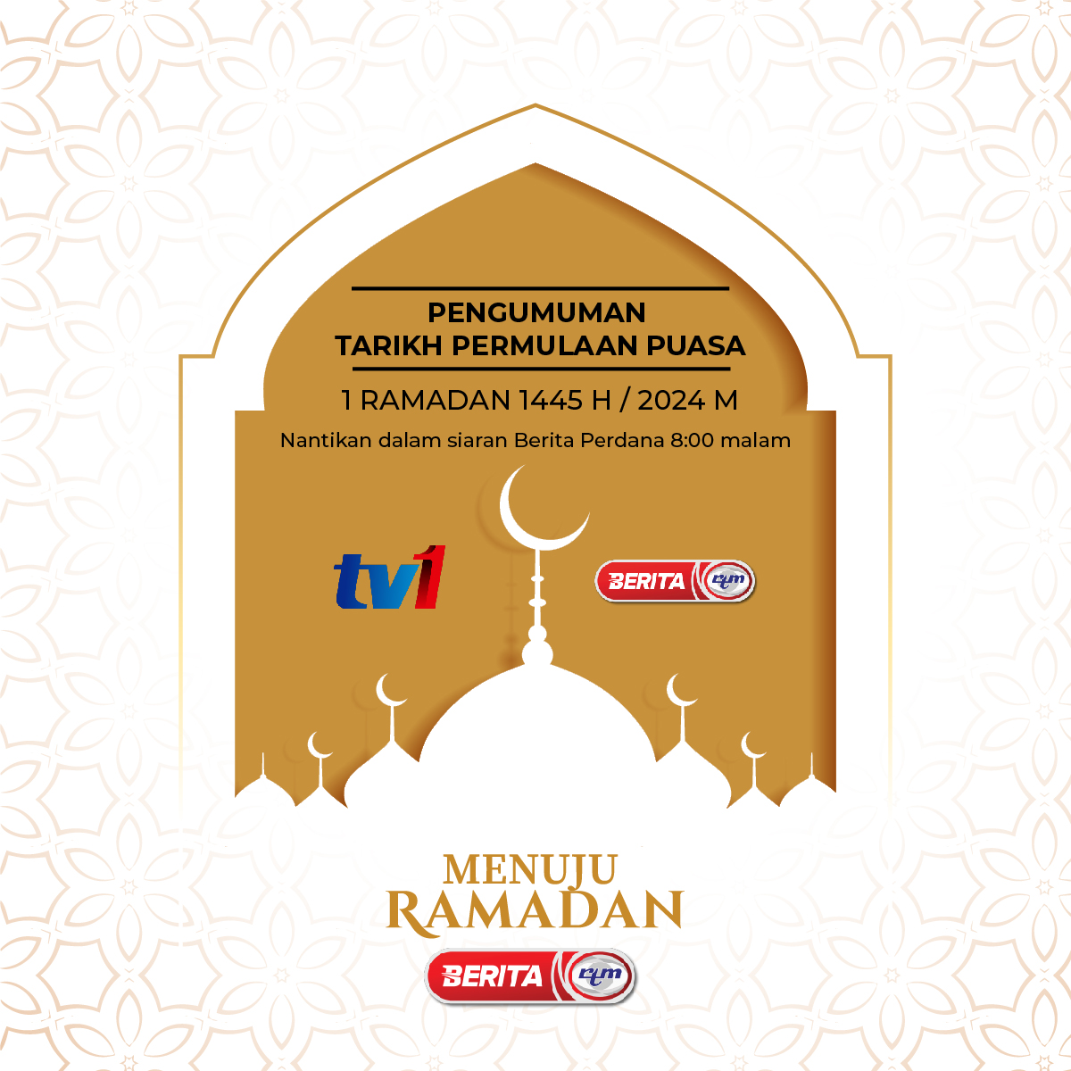 beritartm's tweet photo. PENGUMUMAN TARIKH PERMULAAN PUASA

Nantikan dalam siaran Berita Perdana 8:00 malam

Malaysia MADANI : Tekad Perpaduan Penuhi Harapan 'Yang sahih di Berita RTM' #RTM #BeritaRTM #MalaysiaMadani https://t.co/ivrxZFwHBr