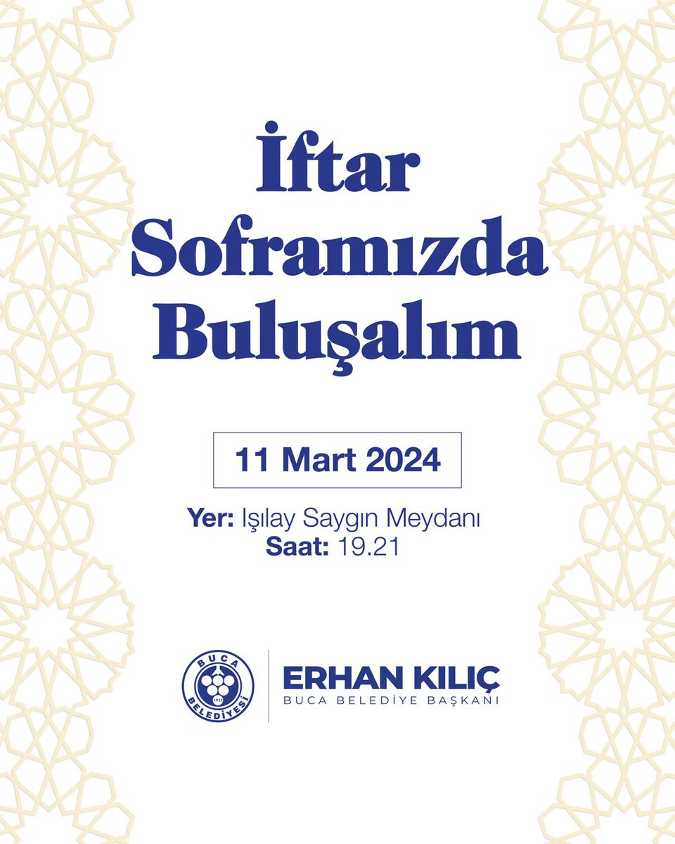 Ramazan'ın bereketini, Işılay Saygın Meydanı’nda kuracağımız iftar sofrasında komşularımızla paylaşıyoruz. 📆11 Mart Pazartesi 🕜19.21 📍Işılay Saygın Meydanı