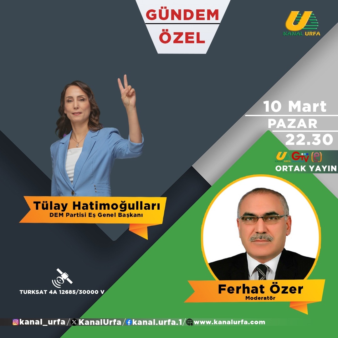 GuvenAjans1's tweet photo. DEMParti EşGenel Başkanımız Tülay Hatimoğulları bugün 3 TV'nin ortak yayın konuğu olacak.İyi seyirler ❗
@TulayHatim @DEMurfail @FeritSeny @mithatsancarr @AiseogluSema @karakecilibekir @Avbekirbenek @DEMPartiDYYK
#DEMPartiUrfa https://t.co/cNN9YGuDns