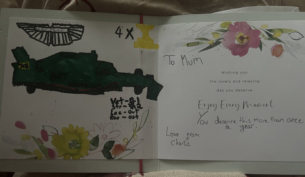 JussieGee89's tweet photo. When a @AstonMartinF1 appears in your Mother’s Day card 🥺 @lance_stroll you’ve got a p2 🤌🏻 #astonmartin #f1 #lancestroll https://t.co/I0aa8RBbFA
