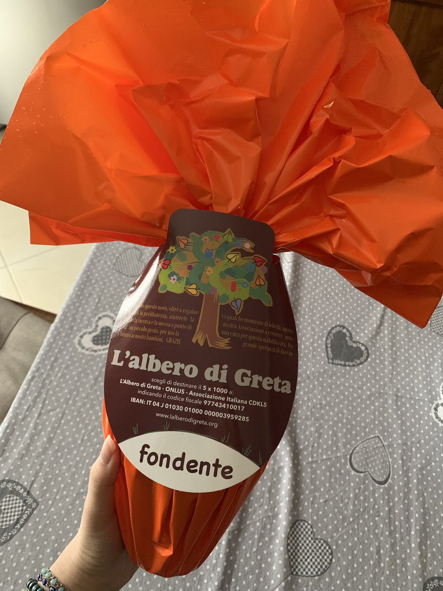 Oggi acquistato uovo di Pasqua che sostiene “L’albero di Greta”,  associazione che sostiene la ricerca per migliorare la qualità della vita delle persone affette da una patologia derivata da mutazioni in CDKL5 (una proteina)

se vi va, repostate 🧡