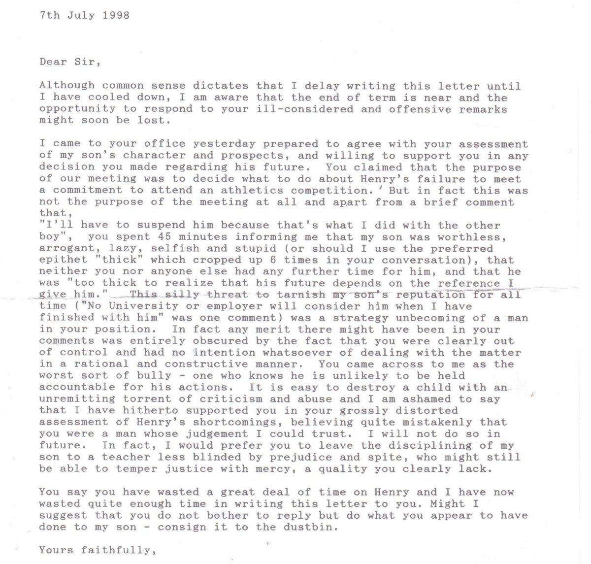 Once again marking Mother's Day by sharing my mum's ferocious letter to my asshole headmaster. 'I would prefer you to leave the disciplining of my son to a teacher less blinded my prejudice and spite...' Love you mum! x