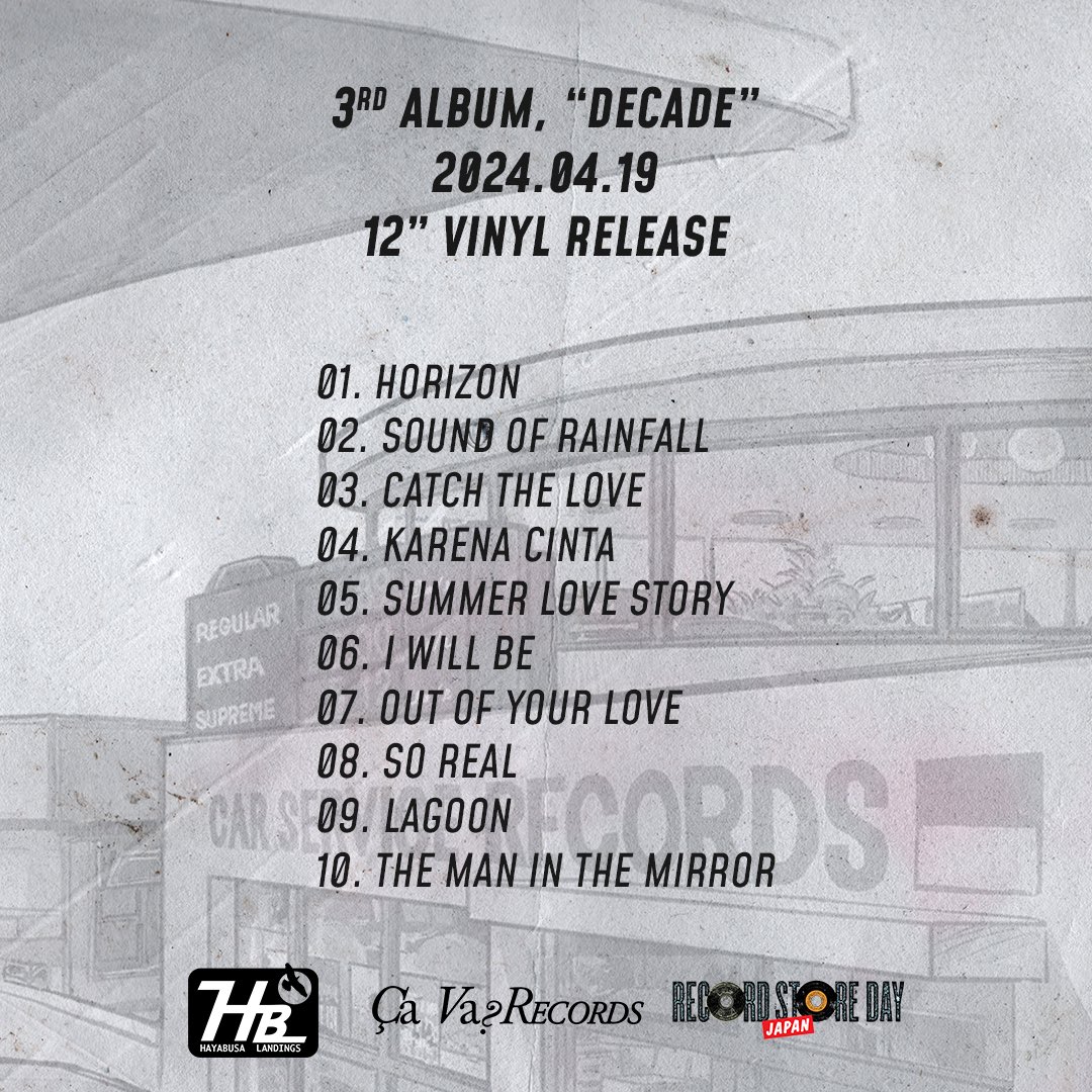 ikkubaruの3rd アルバム「DECADE」 ジャケ写 &amp; トラックリスト公開✨🥳

来月19日(金)に12"アナログで発売されてます！🇯🇵

イラスト: <a href="/kezka108/">毛塚了一郎@10/19関西コミティア</a> 

詳しく recordstoreday.jp/item/hyca-8070/

3rd album "DECADE" cover artwork + tracklist revealed! April 19th will be released on 12" Vinyl at <a href="/rsdjapan/">RECORD STORE DAY JAPAN</a>