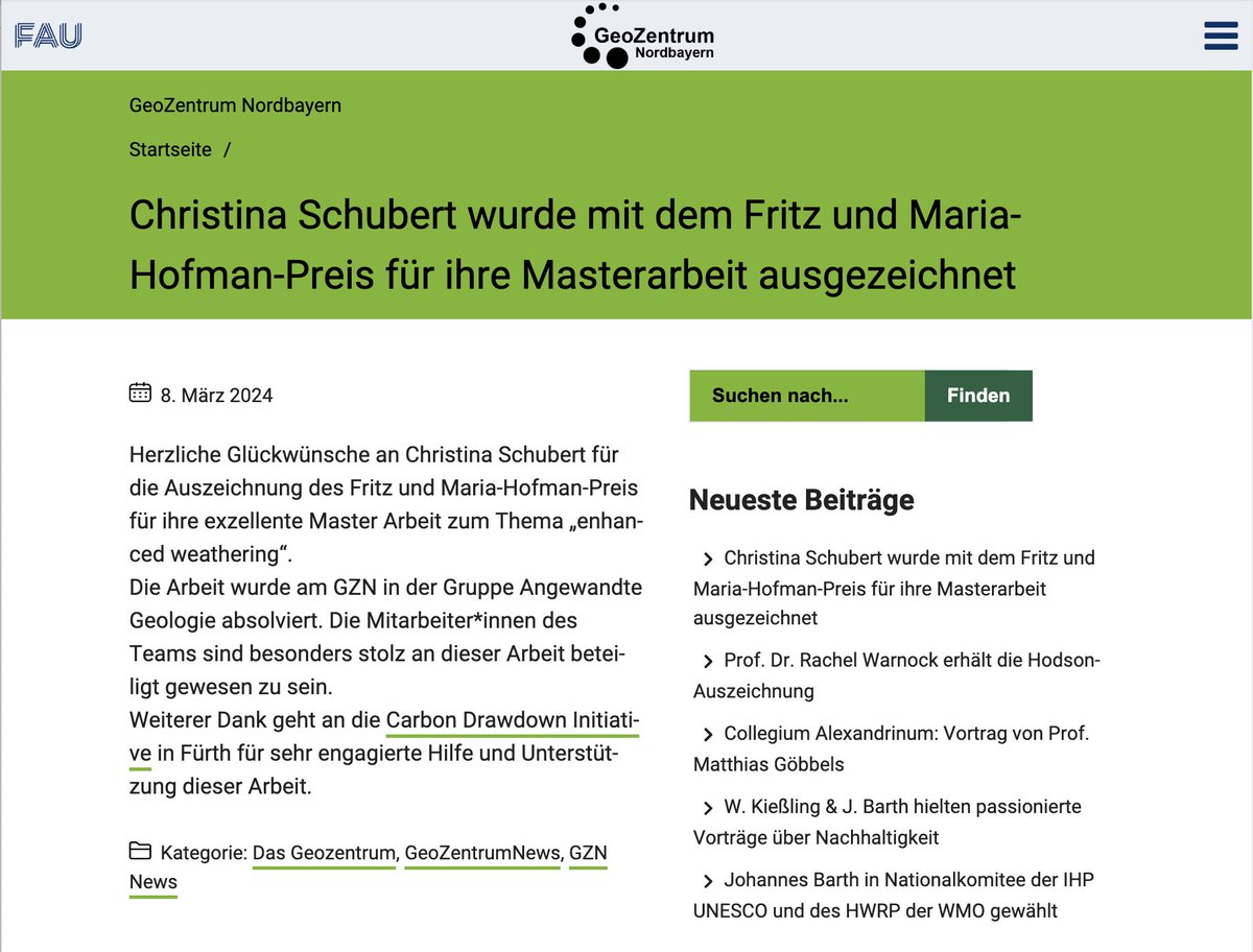 Christina Schubert, who wrote her master thesis about our XXL lysimeter project that aims to understand enhanced weathering as a means of carbon dioxide removal, has received an award for her thesis. 

Congratulations!

gzn.nat.fau.de/2024/03/08/chr…