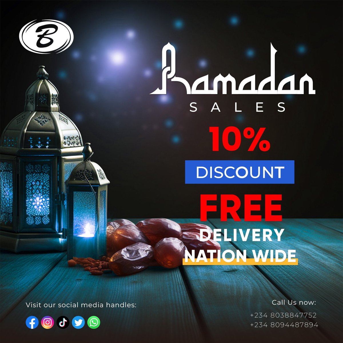 🌙✨ Ramadan Kareem Offer! Enjoy the blessings of the season with 10% off on all products and FREE delivery Nation Wide! 🎁 Don't miss out on this special deal to elevate your Ramadan celebrations! #RamadanOffer #Discount #FreeDelivery #KasuwarBello #DanBello #RamadanSales