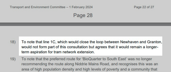 Someone in the Council is clinging on to the dream of tram phase 1C - i.e. the stretch along Wardie Bay. This somewhat contradicts proposals for an 'Orbital Bus Corridor' and 'Our Future Streets' noted in other CEC reports. Spotted in the minutes for last month's TEC.