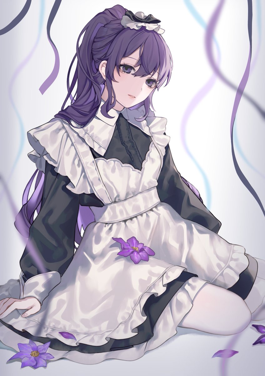 asahina mafuyu 1girl solo purple hair flower long hair apron purple eyes  illustration images
