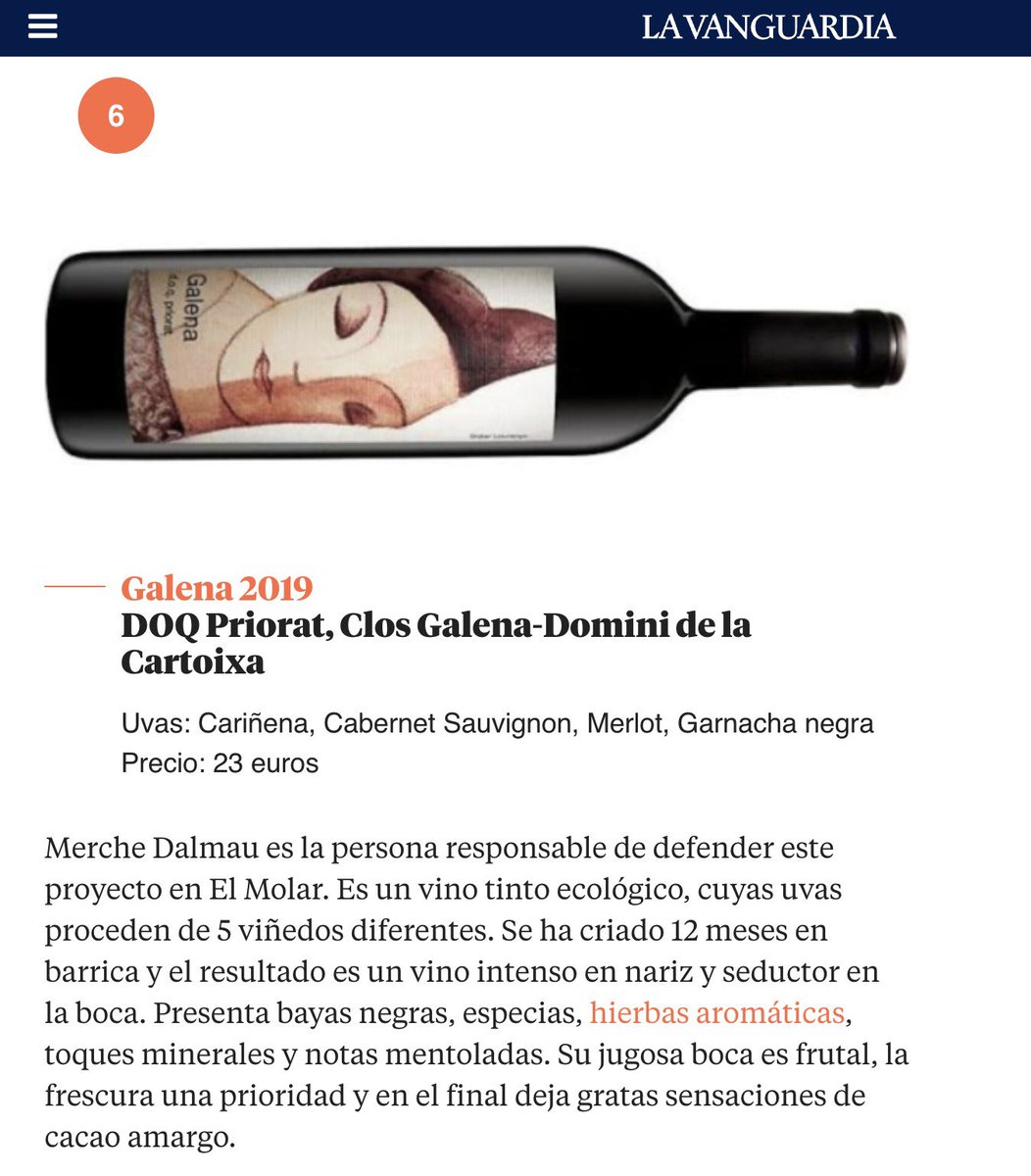 ClosGalena's tweet photo. 🗞️ Recentment a @LaVanguardia hem estat seleccionats per la sommelier María José Huertas, en l’article ‘7 vinos elaborados por inspiradoras vinicultoras que debes conocer‘. 

🍷En fa referència al vi Galena 2019. 

❤️ Gràcies María José! https://t.co/mGxJdJFFZk