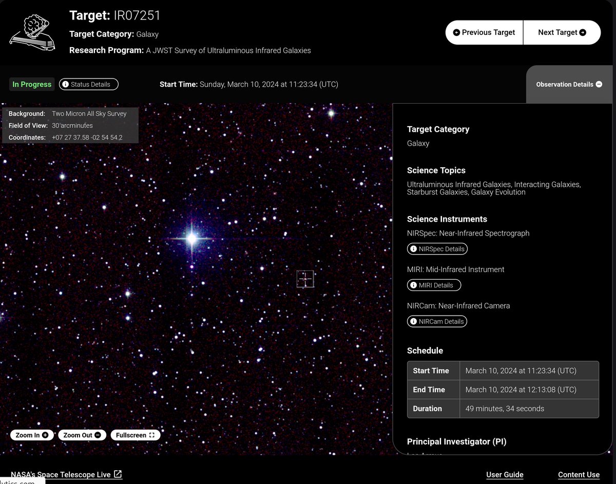Сайт, на котором видно, что сейчас наблюдает космический телескопа Джеймса Уэбба. science.nasa.gov/mission/webb/w… Такие телескопы работают, как фотоаппараты на большой выдержке — смотрят в одну точку часами или днями, набирая нужное количество фотонов.
