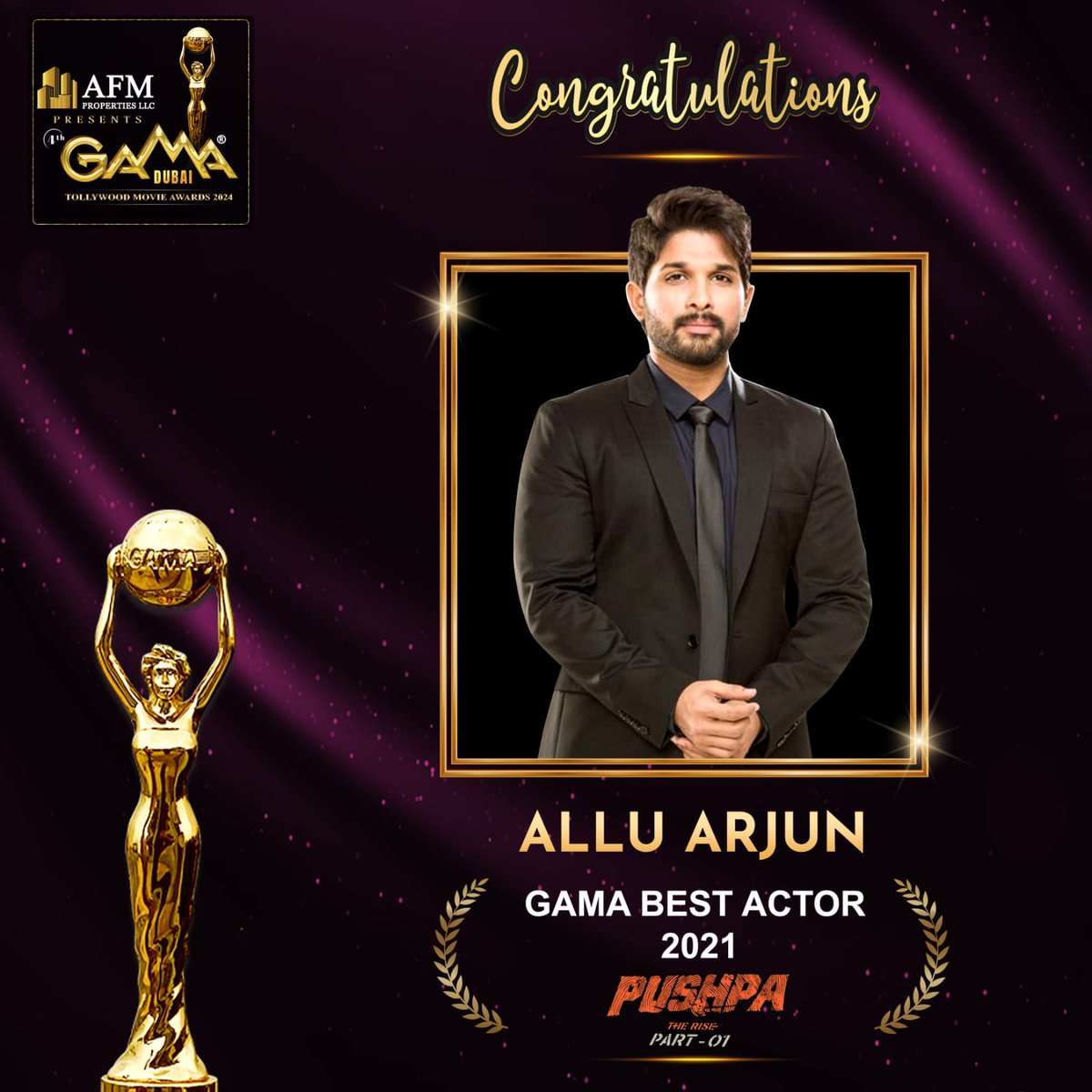 ratankmr6's tweet photo. Hearty Congratulations To 
our Pushpa Raj aka Icon StAAr 🔥 @alluarjun garu on winning GAMA BEST ACTOR AWARD 2021 for #PushpaTheRise..Truly a much deserved one 👏 
#GAMADubai 

#TeamAAWarangal @AIAFA_Warangal

@imsarathchandra @TrendsAlluArjun @PushpaMovie @TeamAAOfficial https://t.co/Judq95gqJL