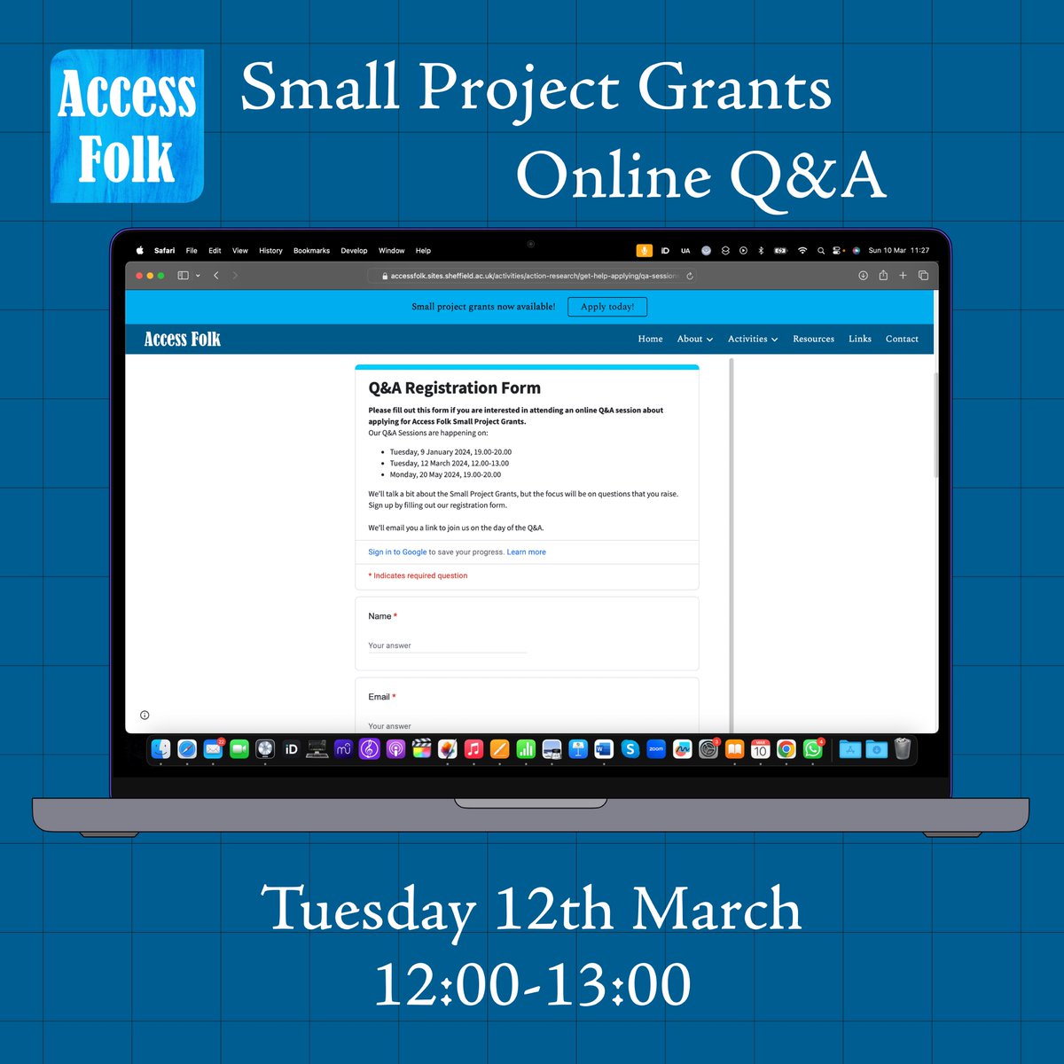 We’re offering an online Q&amp;A session on our Small Project Grants this Tuesday 12th March 12:00-13:00. Please sign up on our website accessfolk.sites.sheffield.ac.uk/activities/act…

#folkmusic #folkgrants #musicgrants #smallprojects #musicprojects #folksinging #folksong #folksingers