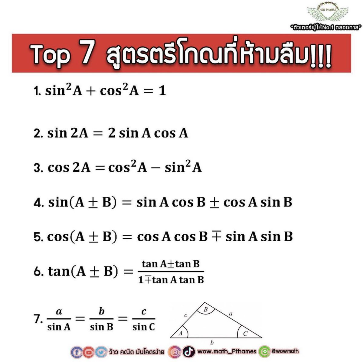 ThamesRangsiwut's tweet photo. 📌ใครที่คิดจะเทตีโกณ จำ 7 สูตรนี้ +พื้นฐานวงกลมหนึ่งหน่วย พี่เอาเบ้าหน้าพี่รับประกันว่า น้องเก็บคะแนนได้แน่ครับ 
.
ถ้าผิดจากที่พี่พูดนะ ปีหน้าพี่เลิกเป็นติวเตอร์เลย เอาดิ💪🏻💪🏻💪🏻😁

#dek67 https://t.co/TQ5fzKafFS