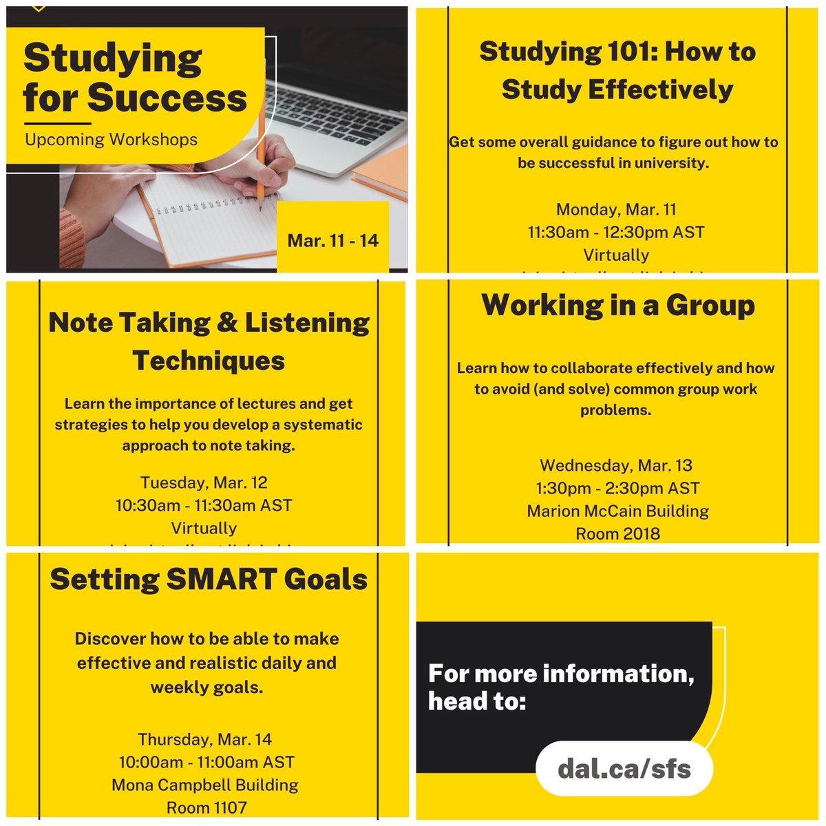 DalStudySuccess's tweet photo. Need some study strategies? Could do with some advice on how to take effective notes, make goals or prep for exams? Then have we got the workshops for YOU. Join in! They're FREE! #StudentSupport #DalhousieU #DalStudentLife #DalStudentSuccess #StudySmarter #DalhousieStudying https://t.co/HXQuvmfosI