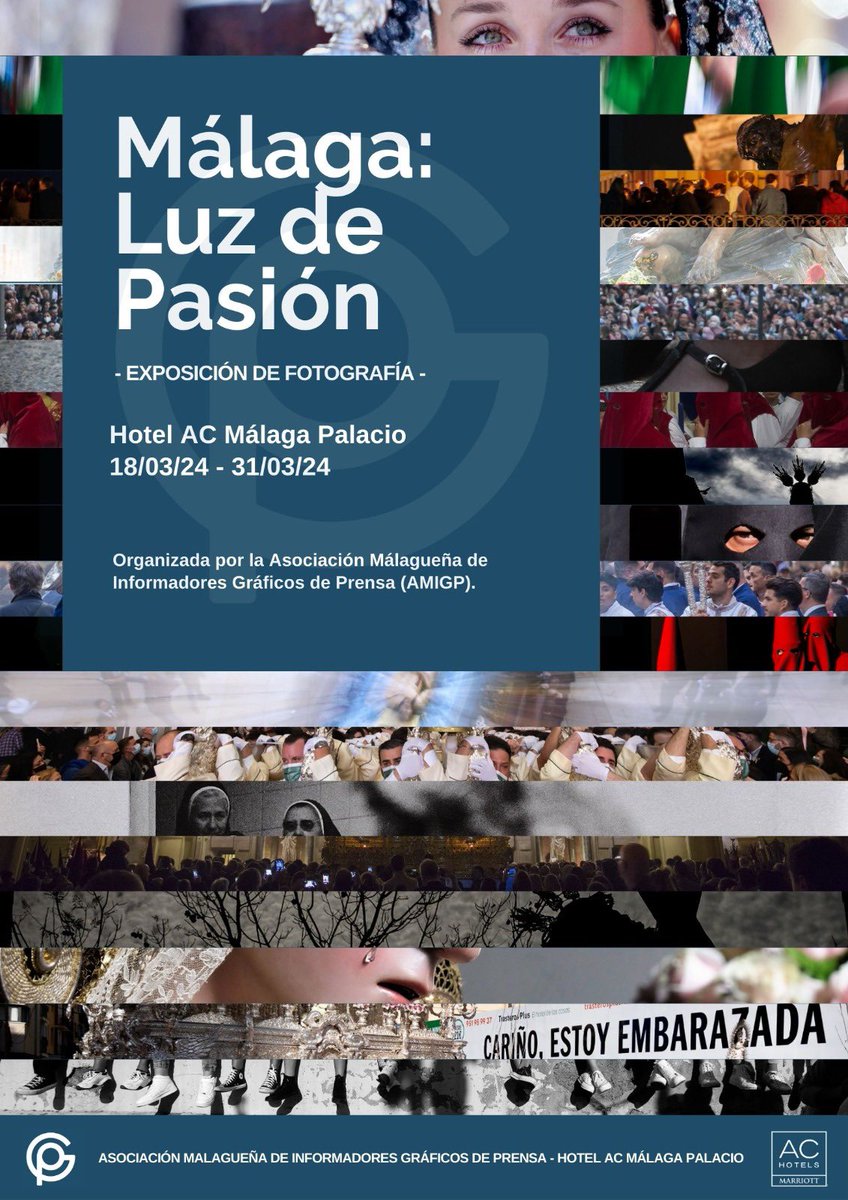 A partir del 18 de marzo se podrá visitar la exposición “Málaga: Luz de Pasión” en el hotel AC Málaga Palacio. La muestra está formada por 20 fotografías aportadas por los miembros de la AMIGP, en la que se recogen momentos y detalles de la Semana Santa de Málaga. Os esperamos👏🏽