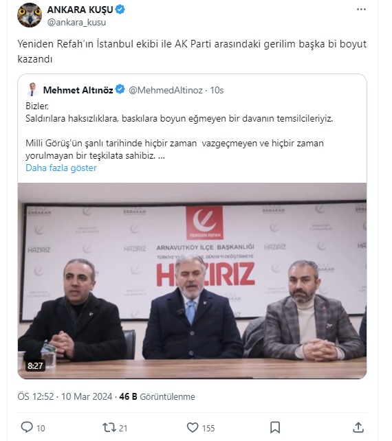 Muharrem İnce'ye kurulan FETÖ kaset kumpasında ismi gecen Ankara Kuşu adlı trollden yeni provokasyon. Dün gece YRP seçim aracına gerçekleştirilen saldırıyı AK Parti ile ilişkilendirdi, kaynaklarımızdan aldığımız bilgiyi açıklıyoruz: Olayın AK Parti İstanbul teşkilatı ile hiçbir…