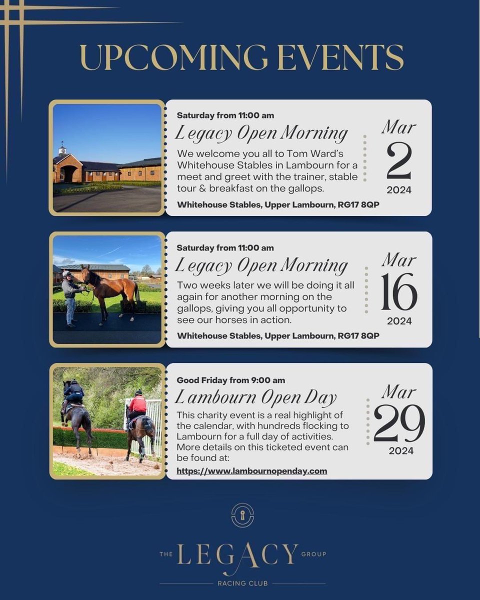 There is still time to register for our next open event on Saturday 16th March 📆 The Legacy Group welcomes you to a fantastic morning at the beautiful Whitehouse Stables with @TomWardRacing 🏇 Please email to confirm your spot! 📧 Info@thelegacygroupracingclub.com
