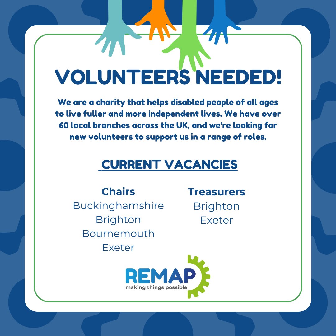 RemapUK's tweet photo. 📣 REMAP needs you!

Our Buckinghamshire, Bournemouth, Brighton and Exeter branches are currently looking for a new Chairperson. And our Brighton and Exeter branches are also looking for a new Treasurer.

⚙️ Get involved: https://t.co/Ing48J6Boz

#Volunteer #Charity #Community https://t.co/42OsW0O5ro