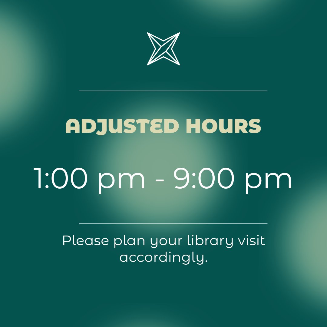 We have adjusted hours today due to NJIT's Sprint Break. We will be open from 1:00 pm - 9:00 pm today. Please plan your library visit accordingly! We look forward to seeing you.

#adjustedhours #springbreak #njitlibrary