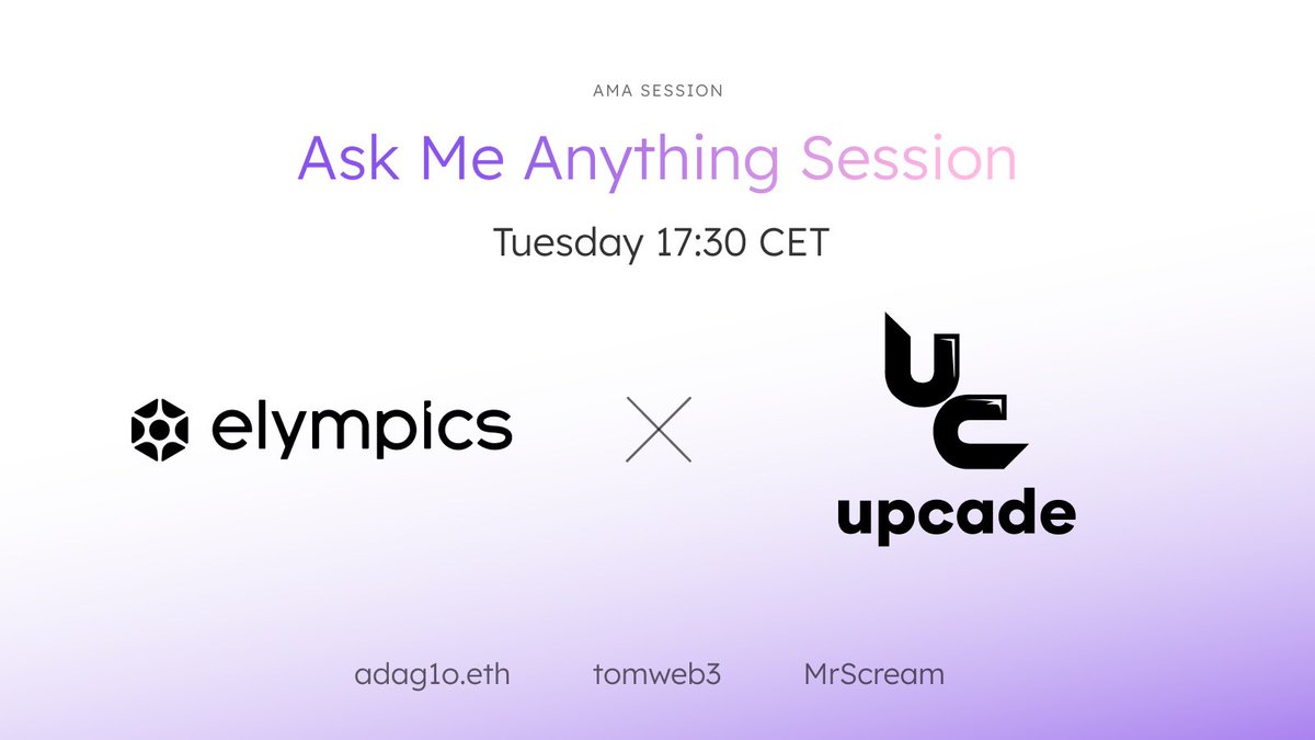The only Web3 Gaming AMA of its kind on Tuesday 🎙️

Elympics is organizing X spaces with <a href="/upcade_xyz/">Upcade.xyz 🕹️</a> dedicated to Compete-to-Earn, just like in Web3.0 Tanks and many other alphas.

Come and hear what <a href="/adag1oeth/">adag1o 💪</a> and @mrscream_web3 have to share with you!👇🏻

x.com/i/spaces/1MYxN…