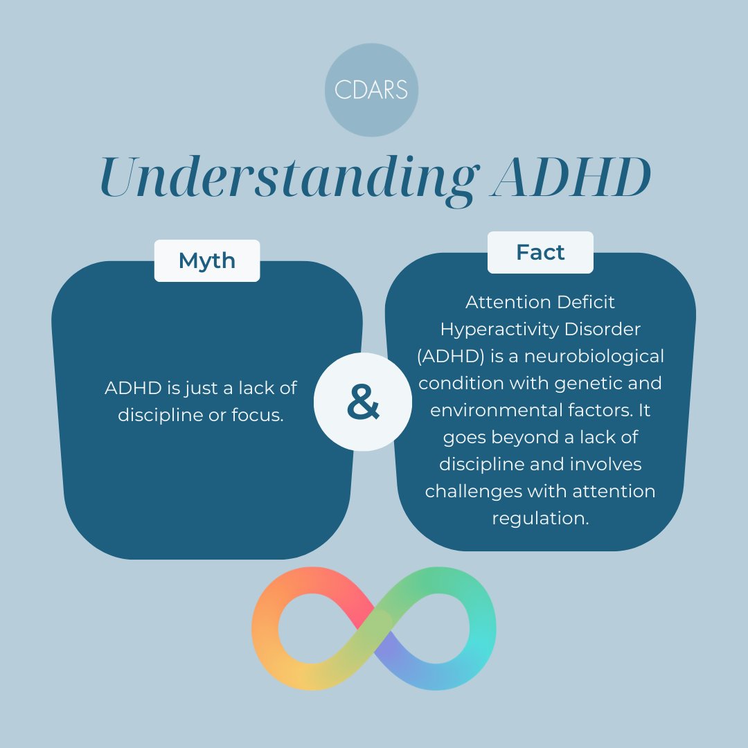 🧠💡 Dispelling myths one fact at a time! Let's debunk the misconception that ADHD is merely a lack of focus. 
It's time to understand the complexities and realities. 
♡
♡
♡
#ADHDMythVsFact #BreakTheStigma #EducateToEmpower #CDARSCommunity #Neurodiversity  #InclusiveMind