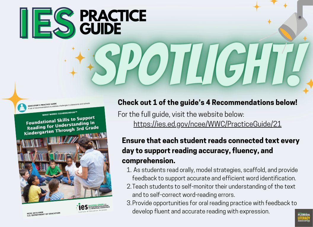 The Practice Guide from the IES 'Foundational Skills to Support Reading for Understanding in Kindergarten through 3rd Grade' offers 4 Recommendations. Check out 1 recommendation below! For the full guide, visit the website below: ies.ed.gov/ncee/WWC/Pract…